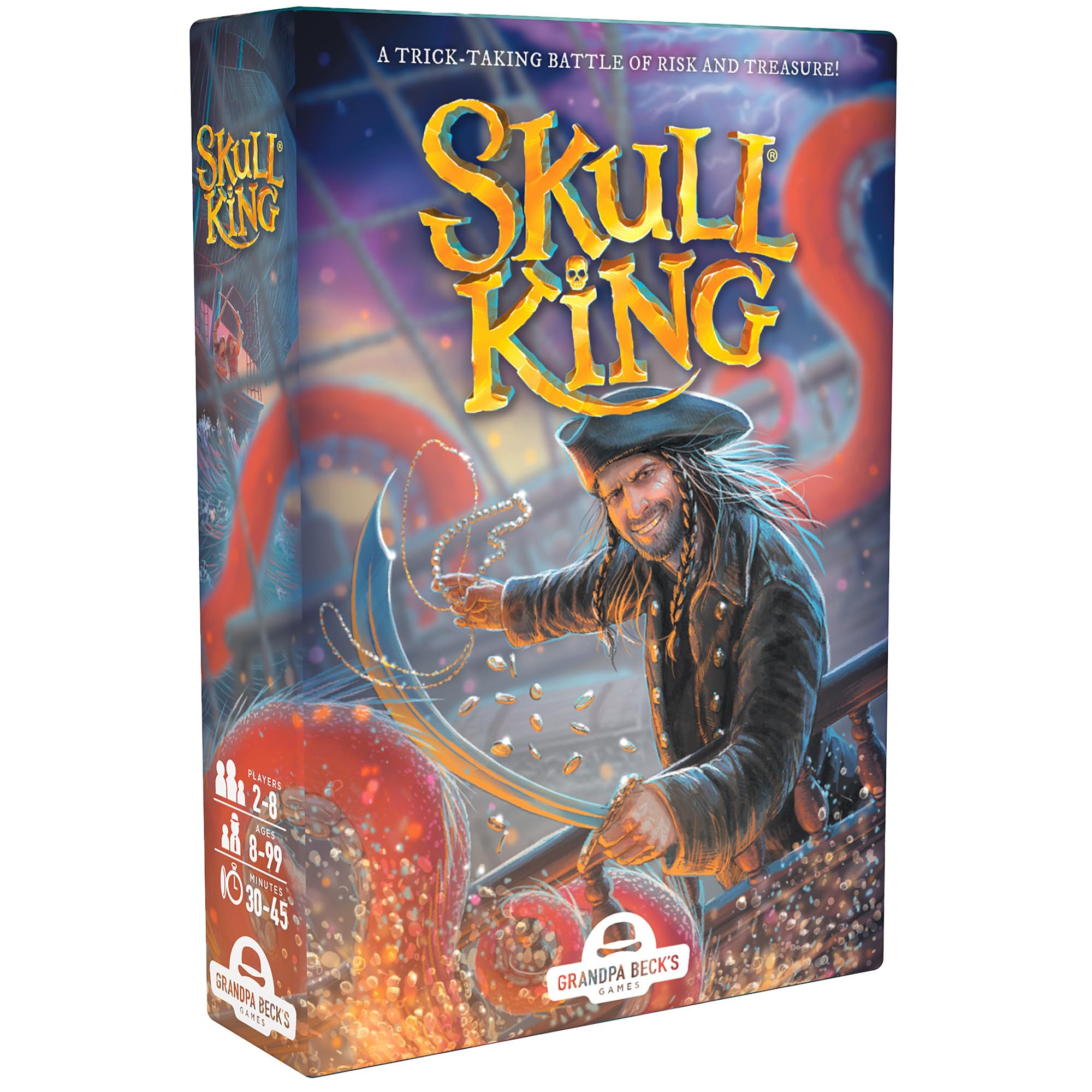 Juego de cartas Skull King de Grandpa Beck’s Games, caja con arte pirata y calavera icónica. Clásico juego de bazas con apuestas y estrategia.
