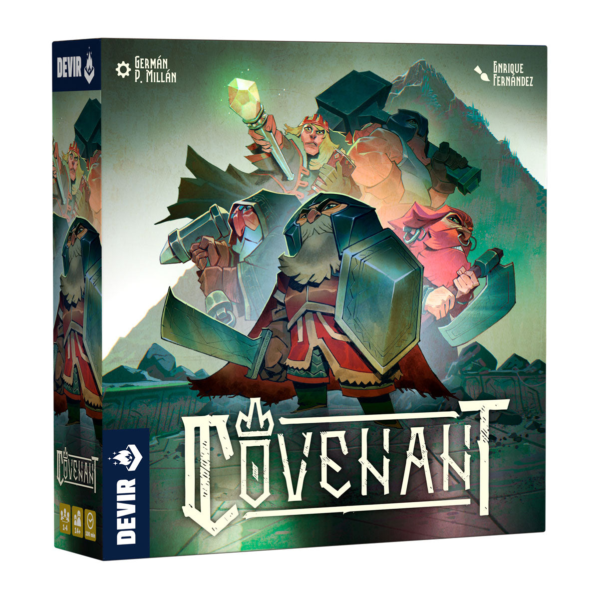Board game box for 'Covenant Devir' with colorful artwork and text.