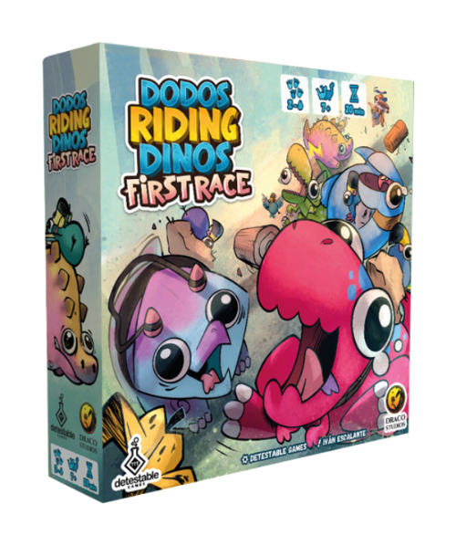 Board game box for '
Dodos Riding Dinos: First Race' with colorful artwork and text.
