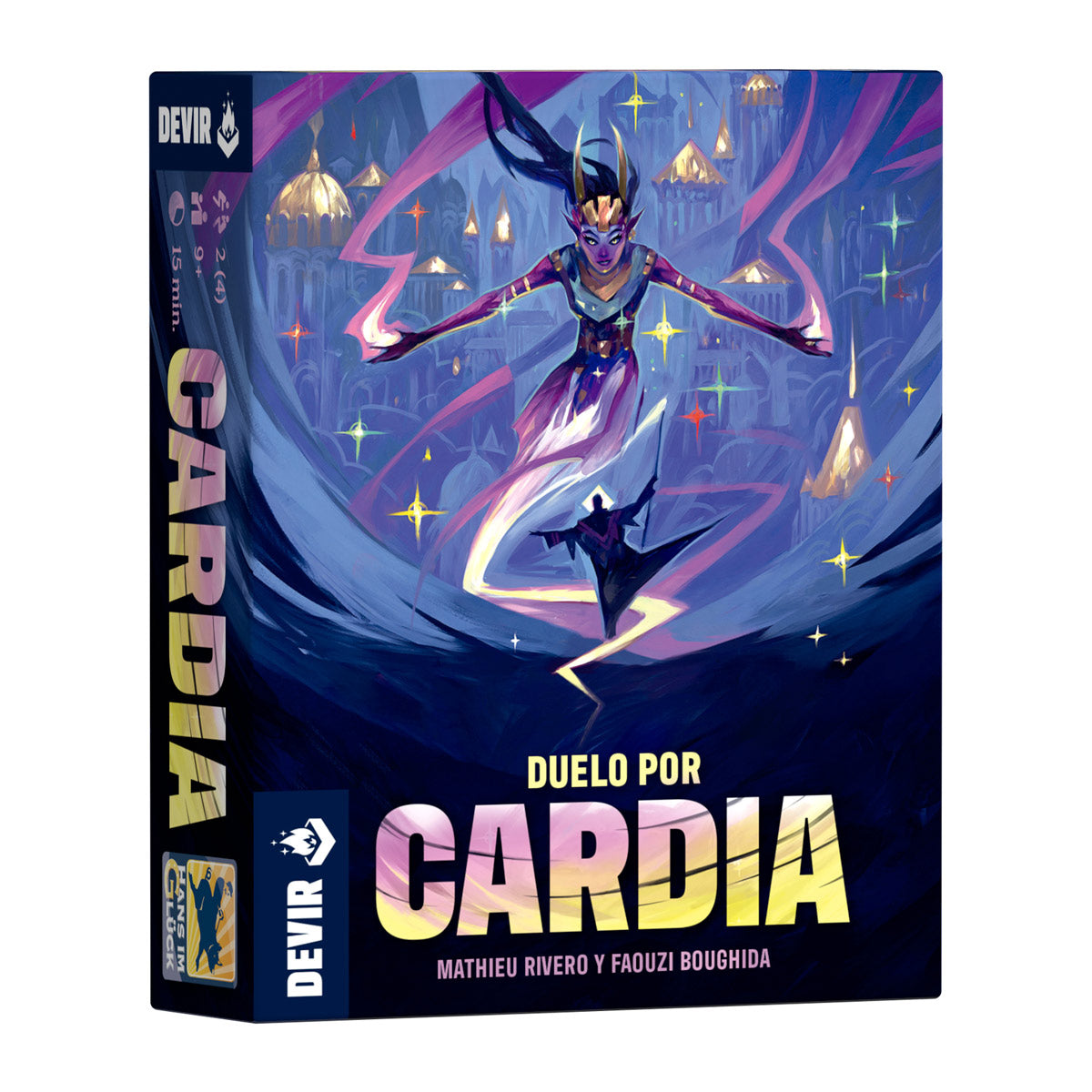 Board game box for 'Duelo por Cardia' with colorful artwork and text.