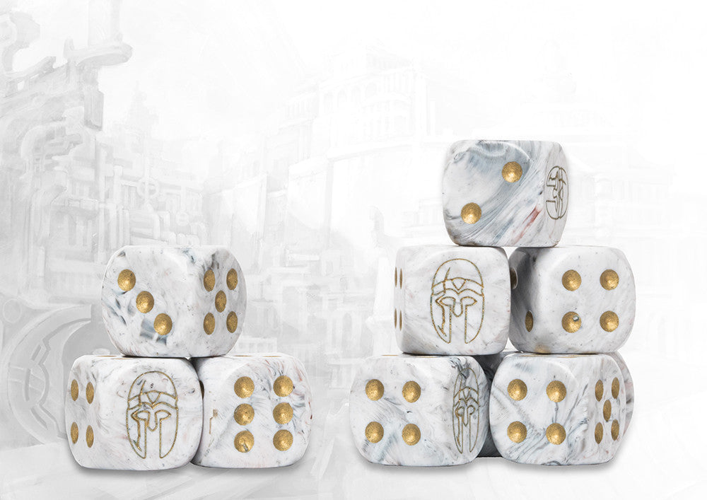 Conquest-City States Logo on Light Grey Marbled Dice with Gold Pips- 24 per pack