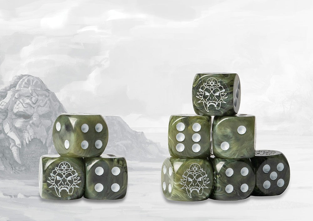 Conquest - W’adrhŭn Dice Logo on Green Marbled Dice with White Pips - 24 per pack