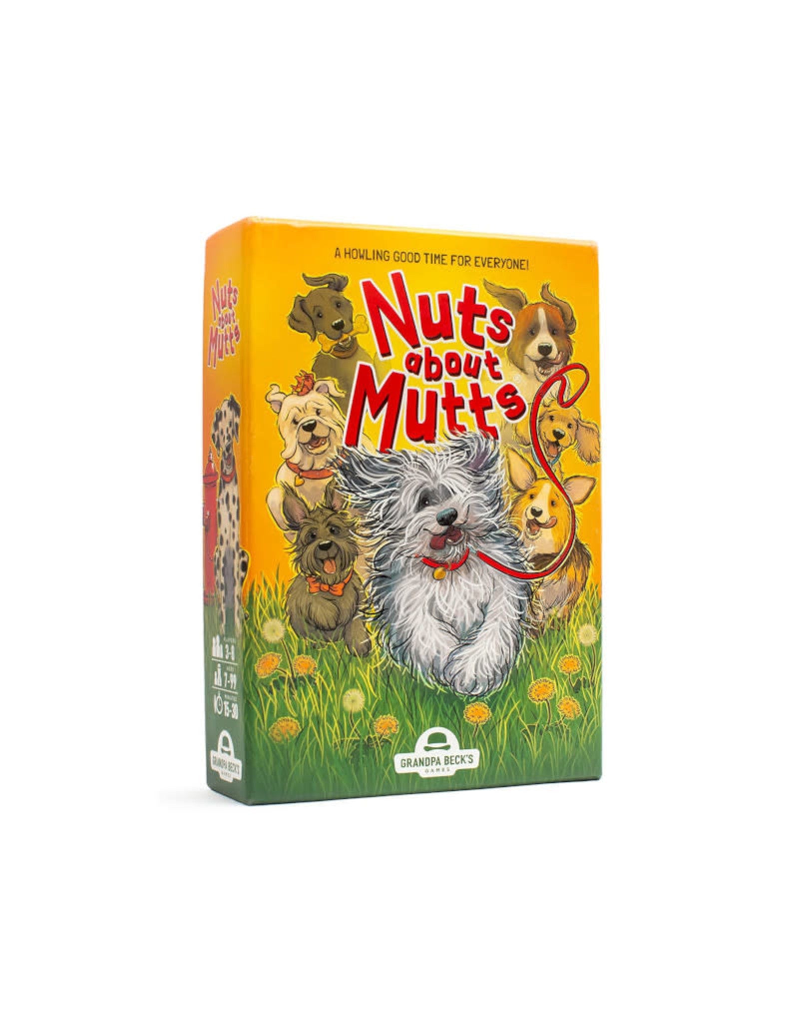 Juego de cartas Nuts About Mutts de Grandpa Beck’s Games, caja con perritos caricaturizados y colores vivos. Juego rápido y accesible ideal para niños y familias.