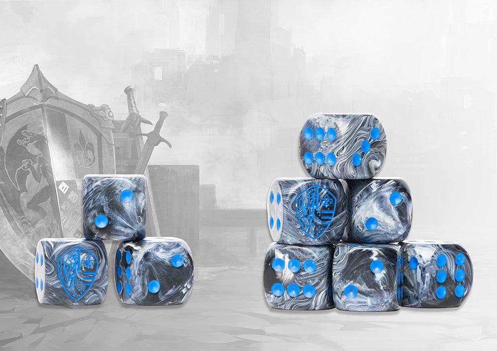 Conquest-Hundred Kingdoms Logo on Grey Marbled Dice with Navy Pips