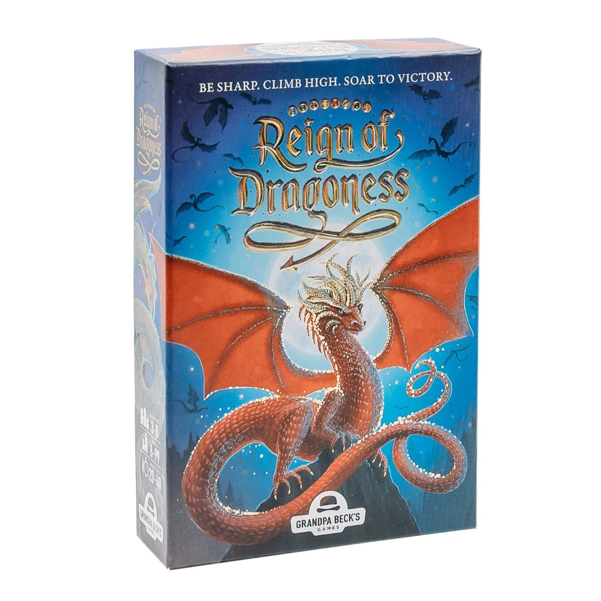 Juego de cartas Reign of Dragoness de Grandpa Beck’s Games, caja con dragones en combate y colores intensos. Juego de escalera y combos con temática fantástica.