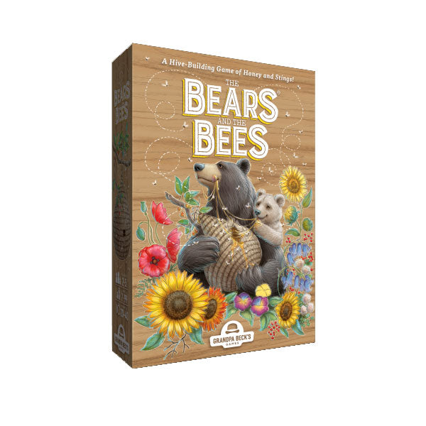 Juego de mesa The Bears and the Bees de Grandpa Beck’s Games, caja con patrón de panal y abejas ilustradas. Juego táctico de losetas para familias.