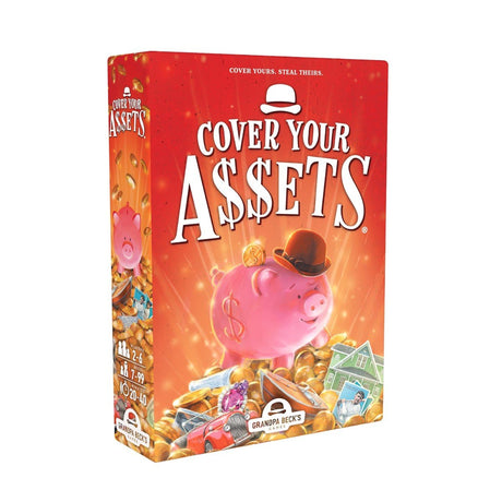 Juego de cartas Cover Your Assets de Grandpa Beck’s Games, caja con diseño colorido y tema de riqueza. Filler competitivo y divertido para toda la familia.