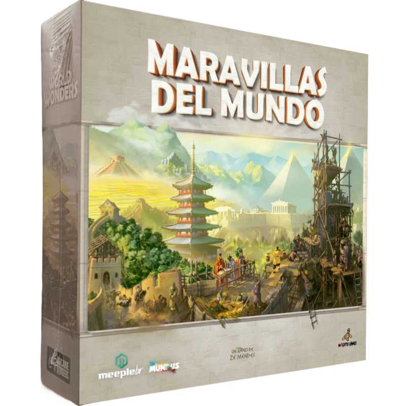 Board game box for 'Maravillas del Mundo' with colorful artwork and text.