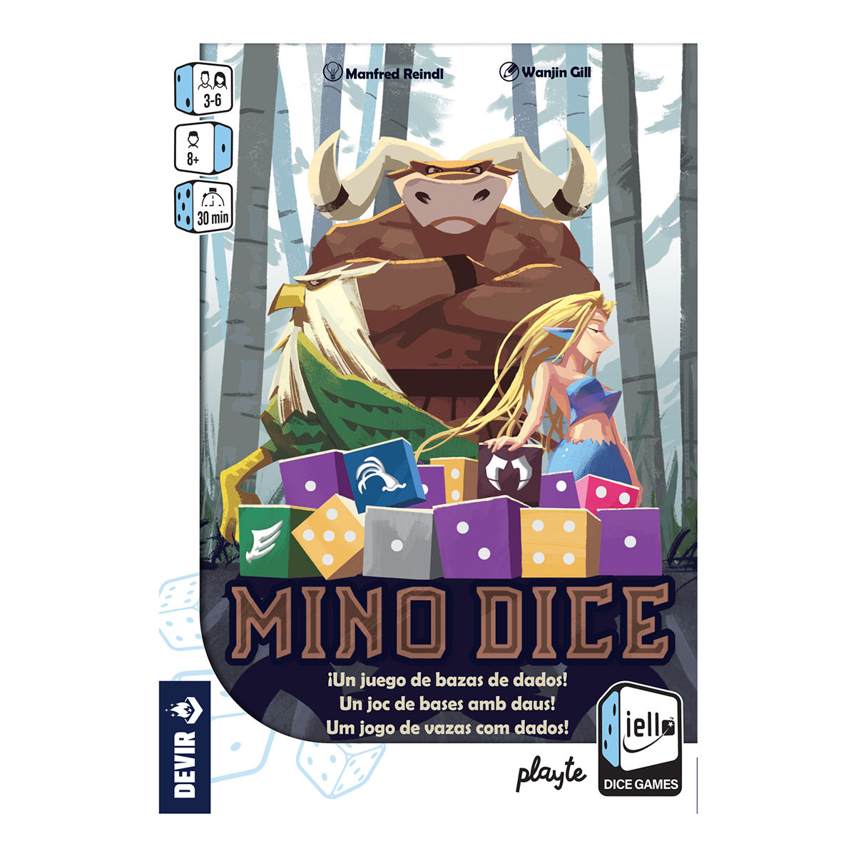 Board game box for 'Mino Dice' with colorful artwork and text.