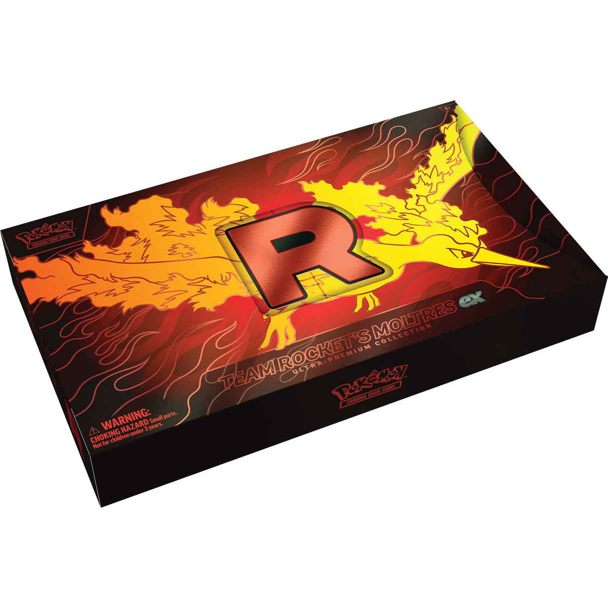 Pokémon TCG Team Rocket’s Moltres ex Ultra-Premium Collection con cartas y accesorios de lujo.