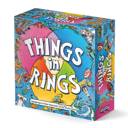 Board game box for 'Things in Rings' with colorful artwork and text.