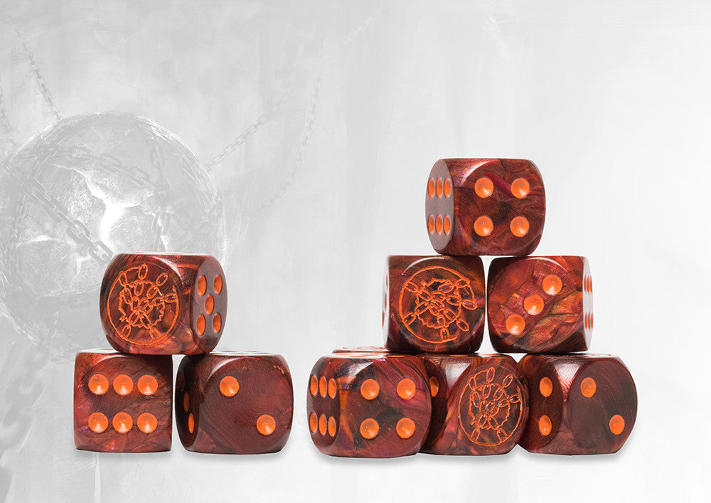 Conquest - Dweghom Logo on Red Marbled Dice with Orange Pips - 24 per pack